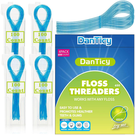 Four packs of floss threaders in a 400-piece set