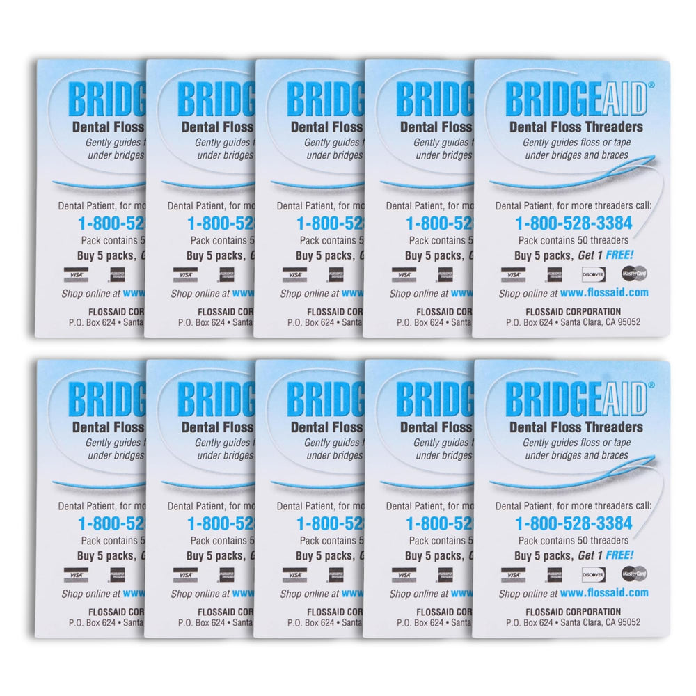 Two packs of FLOSSAID BridgeAid Threaders (50 each) totaling 100 threaders.
