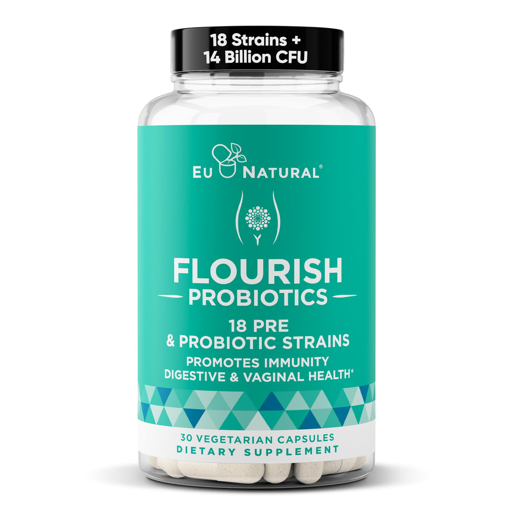 Bottle of Flourish Probiotics for women's urinary and gut health