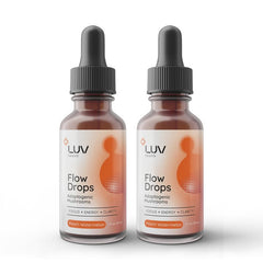 Bottle of LUV health Flow Drops liquid adaptogenic mushroom supplement