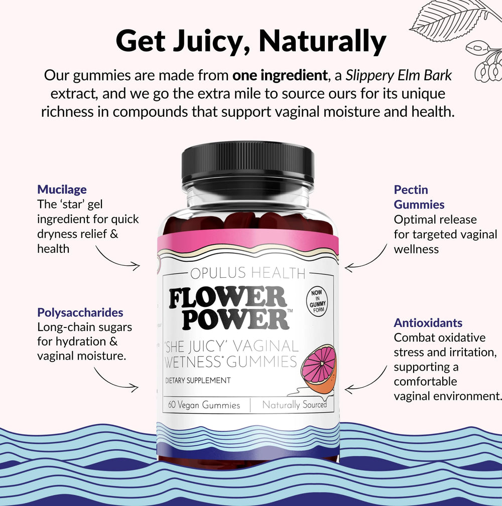 Flower Power She Juicy Gummies package highlights vegan, sugar-free formula.
