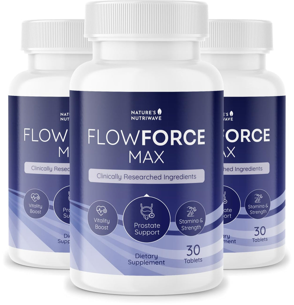 FlowForceMax herbal support bottle with 30 vanilla chewable tablets