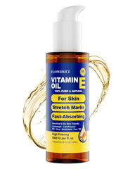 Flowhyet Vitamin E Oil face bottle demonstrating quick absorption for daily skincare.