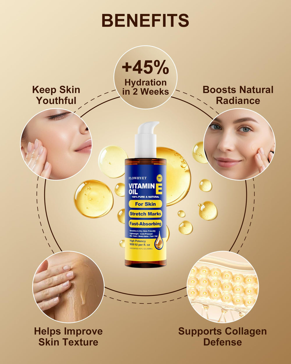 Flowhyet Vitamin E Oil for hair ends nourishes dry, frizzy strands.