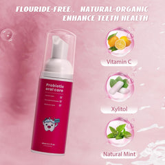 Packaging of fluoride-free foam kids toothpaste in mint strawberry