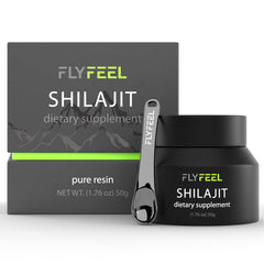 FlyFeel Shilajit Resin bottle with label on white background