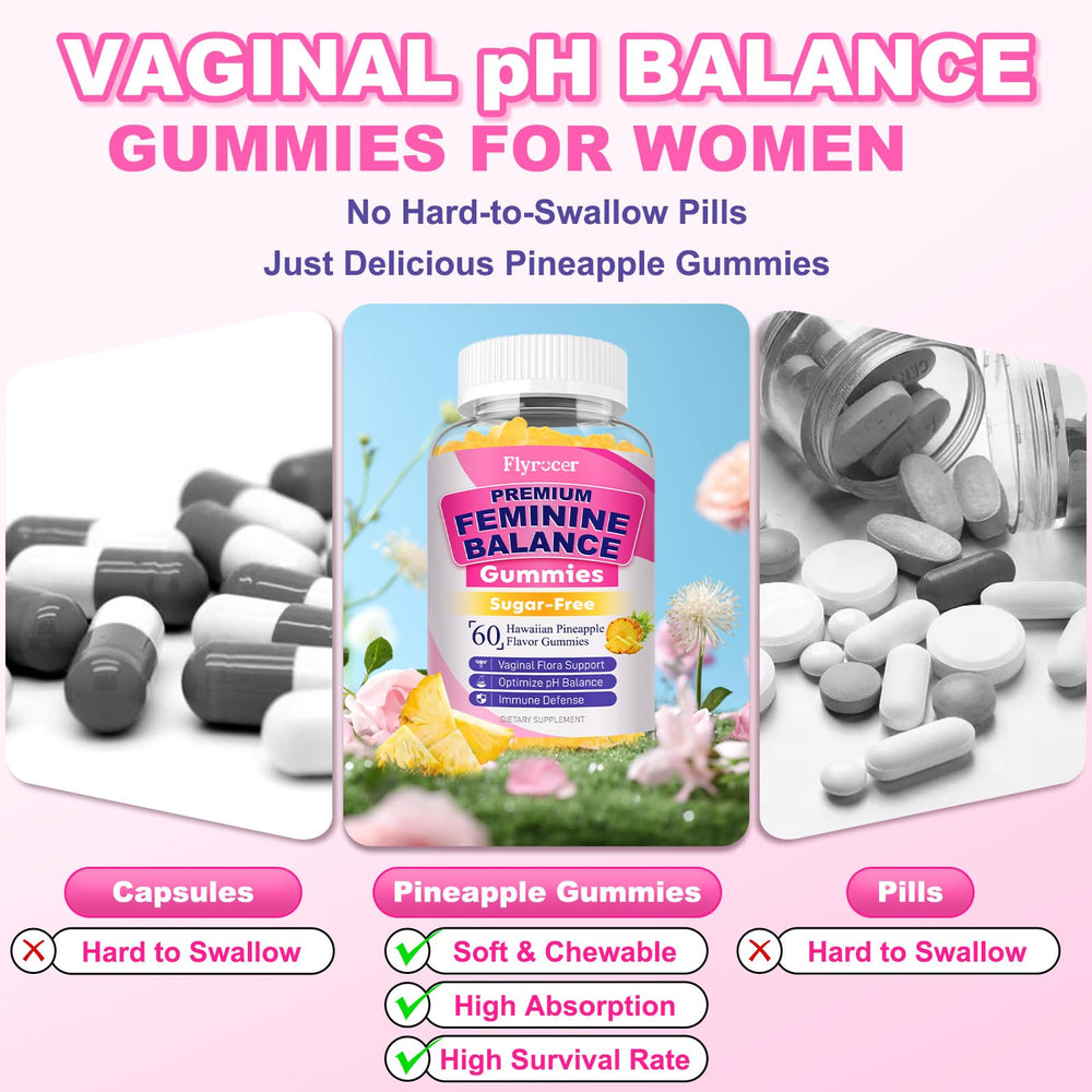 Packaging showing 120-count Flyrocer Feminine Balance Gummies