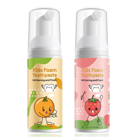 Foam toothpaste for kids with minty orange-strawberry flavor bottle