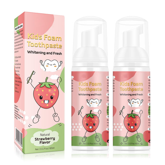 Two 60ml foam toothpaste bottles with strawberry label