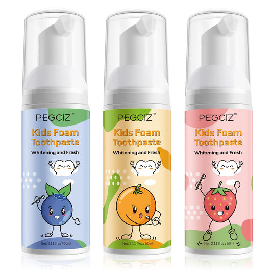 Front view of kids foam toothpaste with fruit flavor (blueberry, strawberry, orange) packaging
