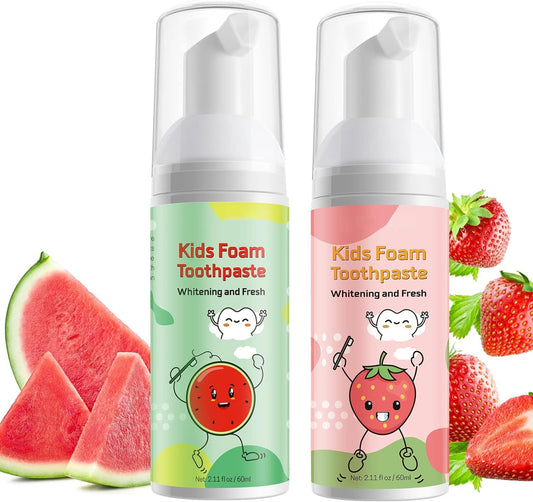 Two 60ml bottles of kids foam toothpaste with strawberry and watermelon flavor