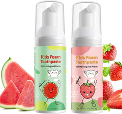 Two 60ml bottles of kids foam toothpaste with strawberry and watermelon flavor