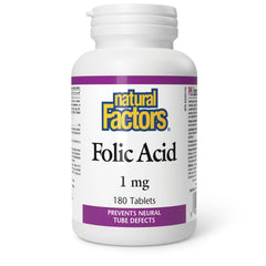 Bottle of Folic Acid 1mg (180 tablets) by Natural Factors