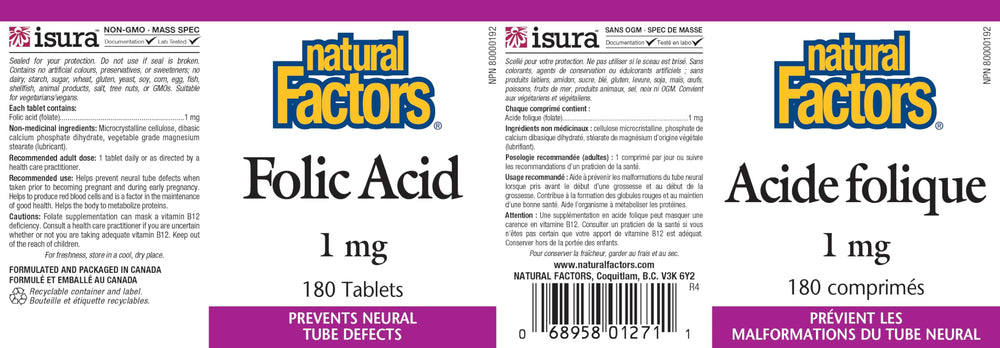Natural Factors Folic Acid 1mg 180 tablets packaging