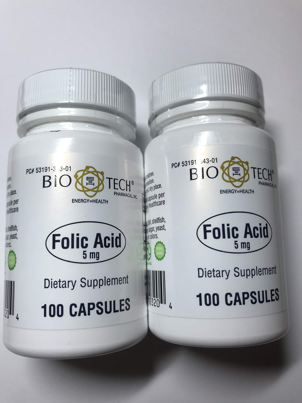 BioTech Pharmacal Folic Acid 5 mg bottle with 100 capsules, pack of 2