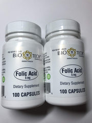 BioTech Pharmacal Folic Acid 5 mg bottle with 100 capsules, pack of 2