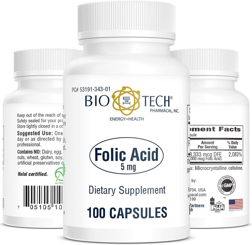 Close-up of bottle label showing Folic Acid 5 mg