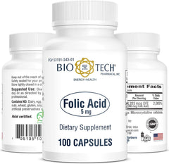 Close-up of bottle label showing Folic Acid 5 mg