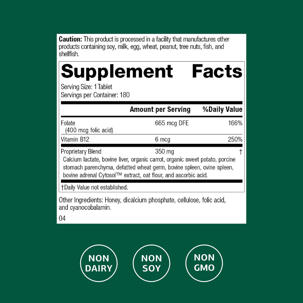 Back of bottle showing label for Folic Acid B12-180 tablets