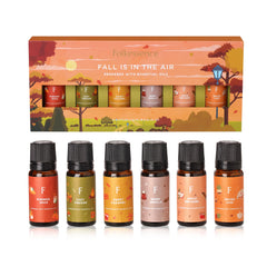 Six fall diffuser oil bottles from Folkulture set featuring vanilla and pumpkin spice