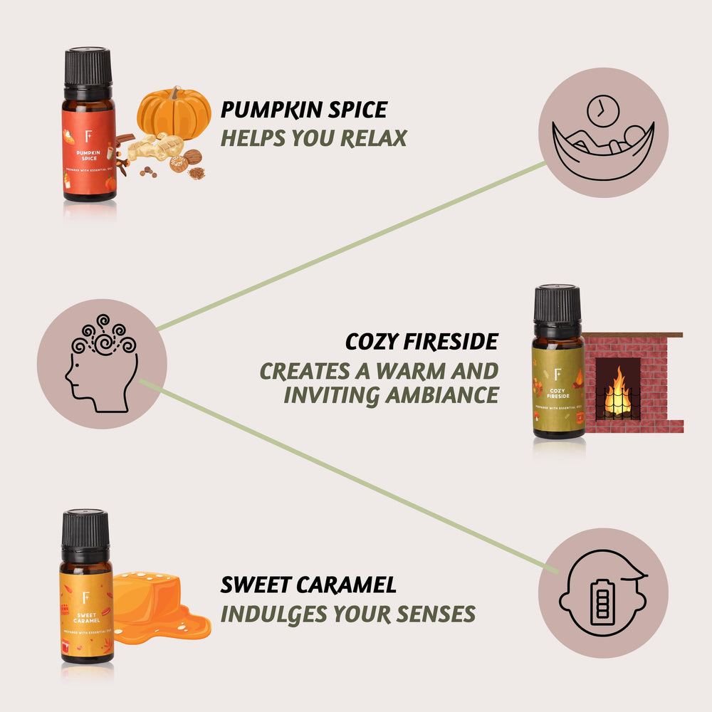 Assorted vanilla and pumpkin spice diffuser oils in Folkulture set