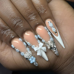 FOLONRAL long almond nails with 3D bow rhinestones for a chic party look