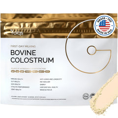 Front view of Folqs Bovine Colostrum Powder bottle