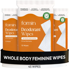 FOMIN Acidified Deodorant Wipes Citrus Harmony packaging highlights plastic-free design and fresh scent.