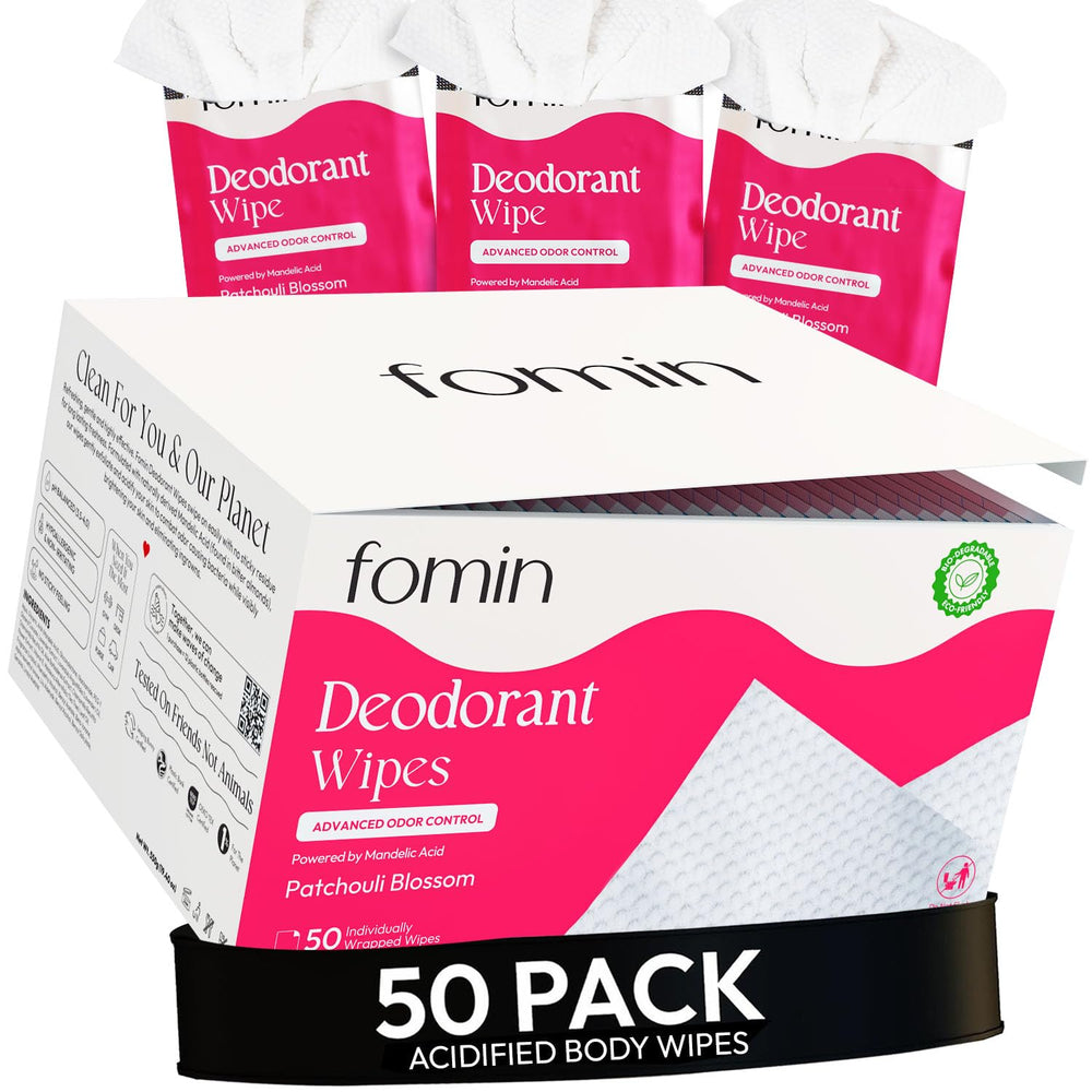 FOMIN acidified travel wipes 50-count pack shows compact on-the-go freshness.