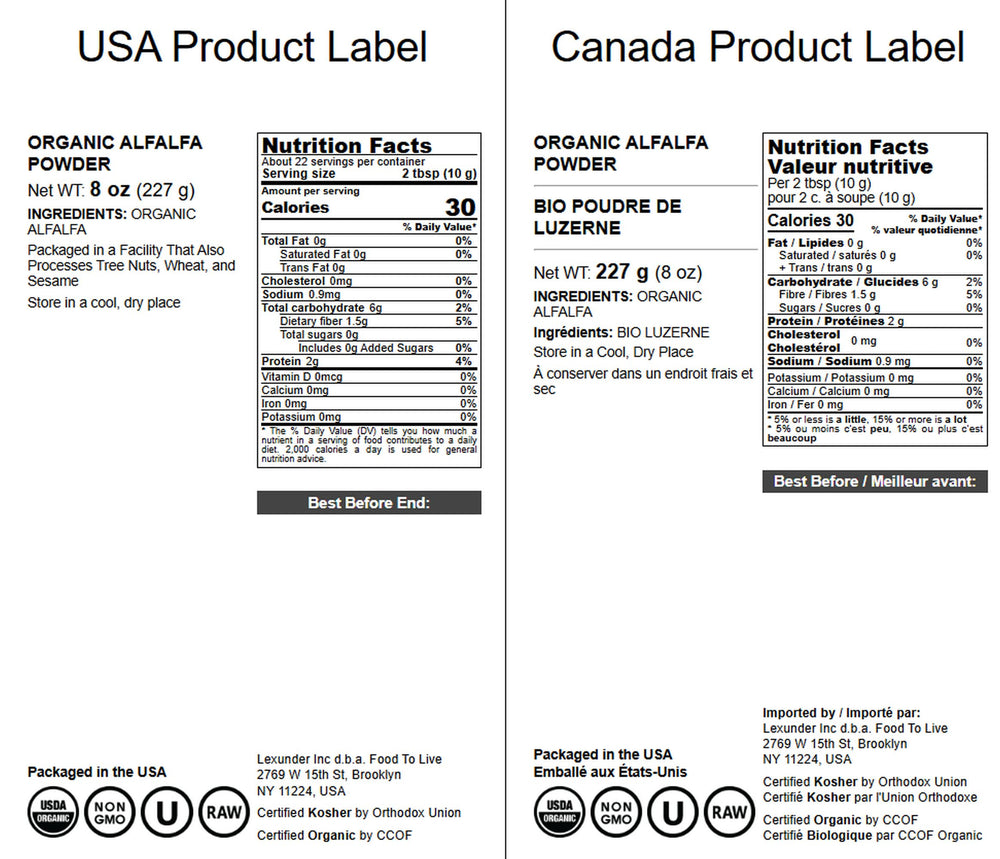 Box packaging for Food to Live Organic Alfalfa Powder 8oz