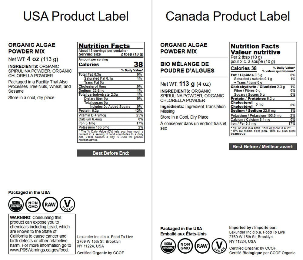Food to Live Organic Algae Powder Mix packaging label