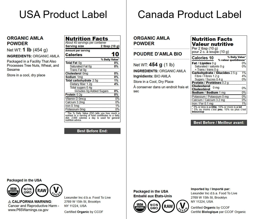 Close-up of Food to Live Amla Powder bottle label