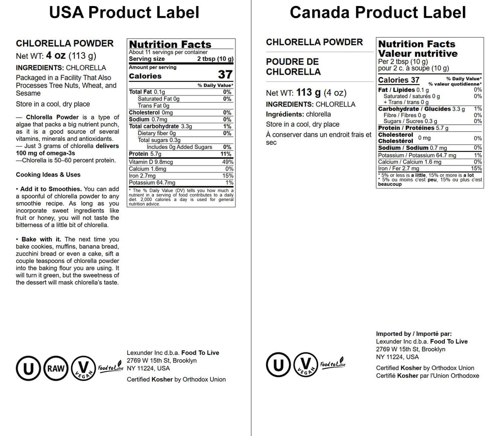 Kosher certification label on chlorella powder container