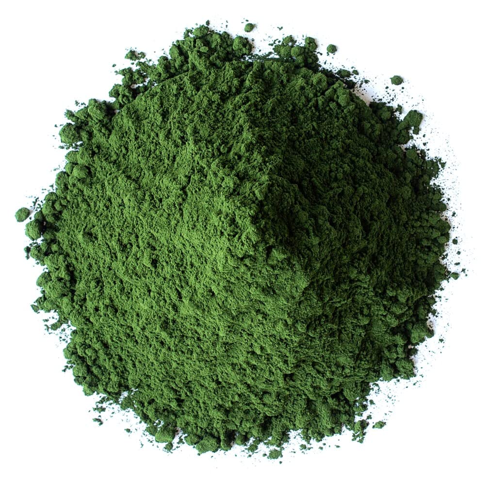 Chlorella powder being measured with a teaspoon