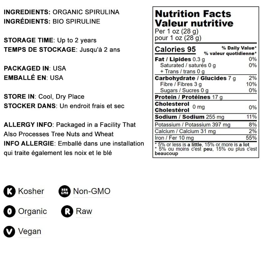Organic and non-GMO certification label on spirulina container