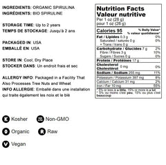 Organic and non-GMO certification label on spirulina container