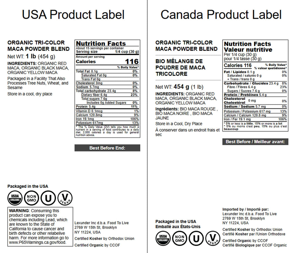 Packaging for Food to Live Organic Tri-Color Maca Powder Blend 1lb