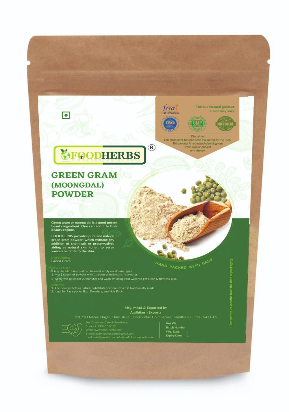 Foodherbs Moong Dal Flour packaging pouch displaying natural sourcing and purity