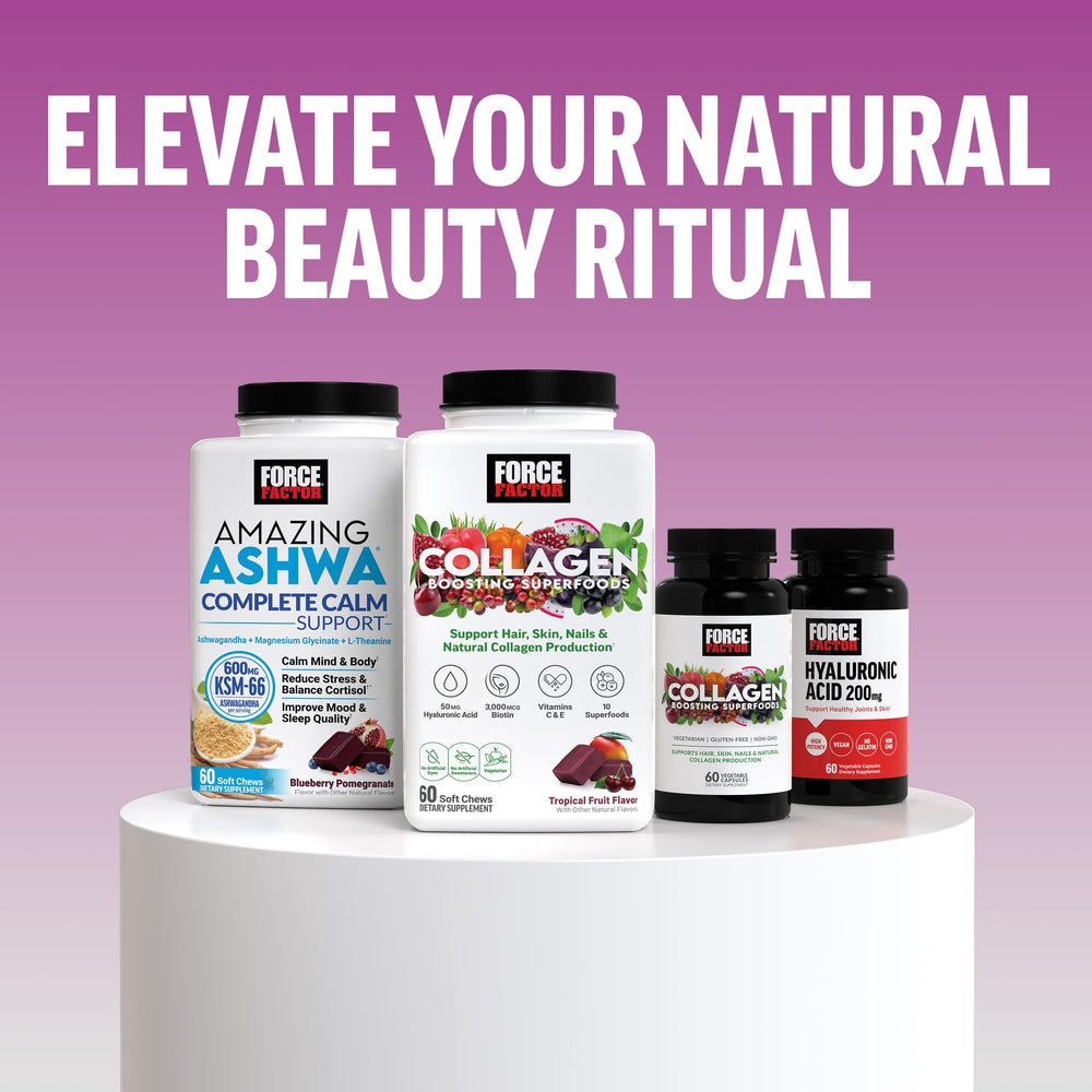 Force Factor capsules lined up beside skincare items to encourage a holistic beauty routine