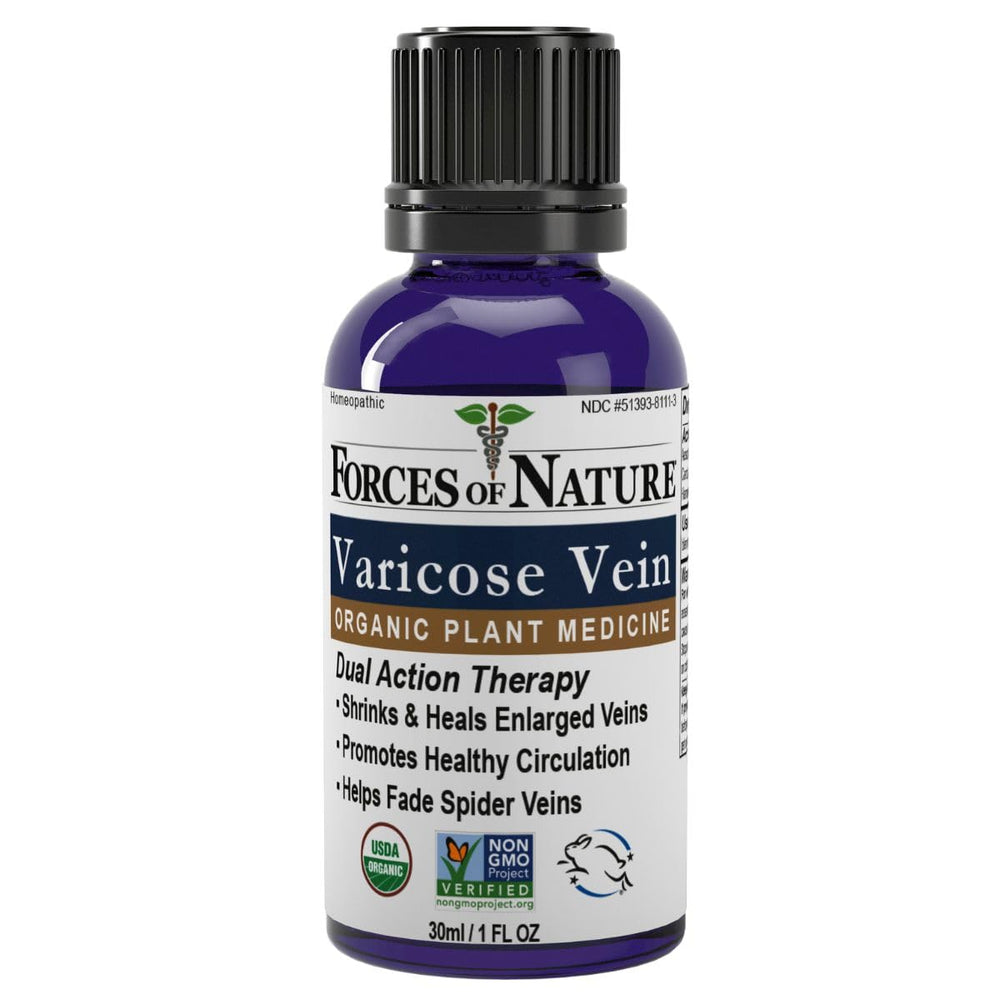Bottle front view of Forces of Nature Varicose Vein Treatment Organic Homeopathic Medicine, 1 Fl Oz