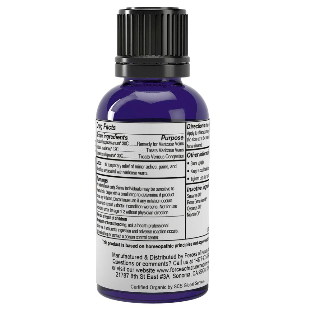 Bottle back label view of Forces of Nature Varicose Vein Treatment Organic Homeopathic Medicine, 1 Fl Oz