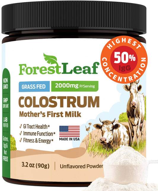 ForestLeaf Colostrum Powder bottle labeled 50% IgG (hero image)