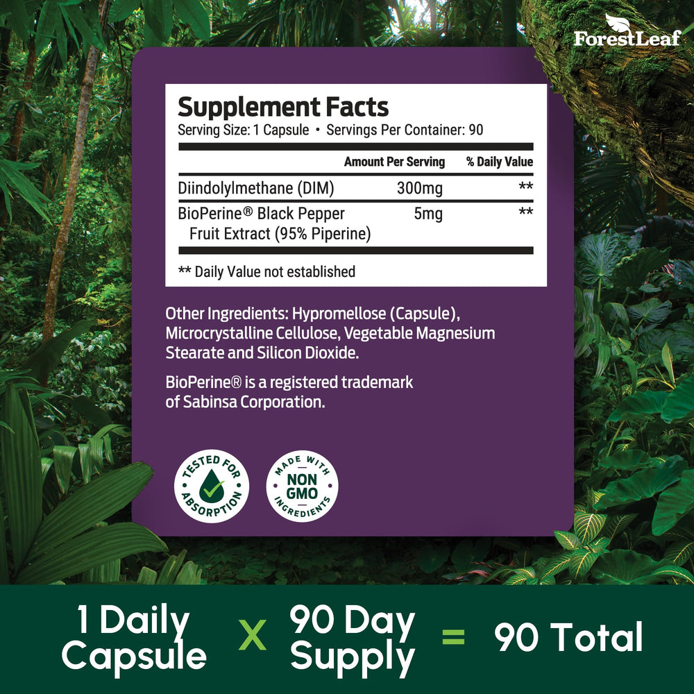 ForestLeaf DIM bottle closeup showing 300mg serving for estrogen support.