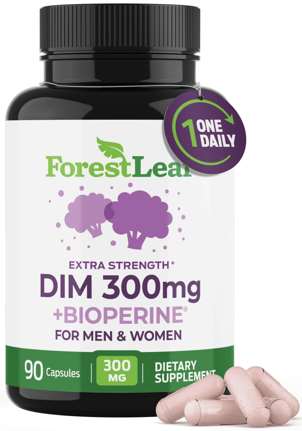 ForestLeaf DIM capsules on a bottle highlighting hormone balance support.