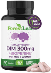 ForestLeaf DIM capsules on a bottle highlighting hormone balance support.