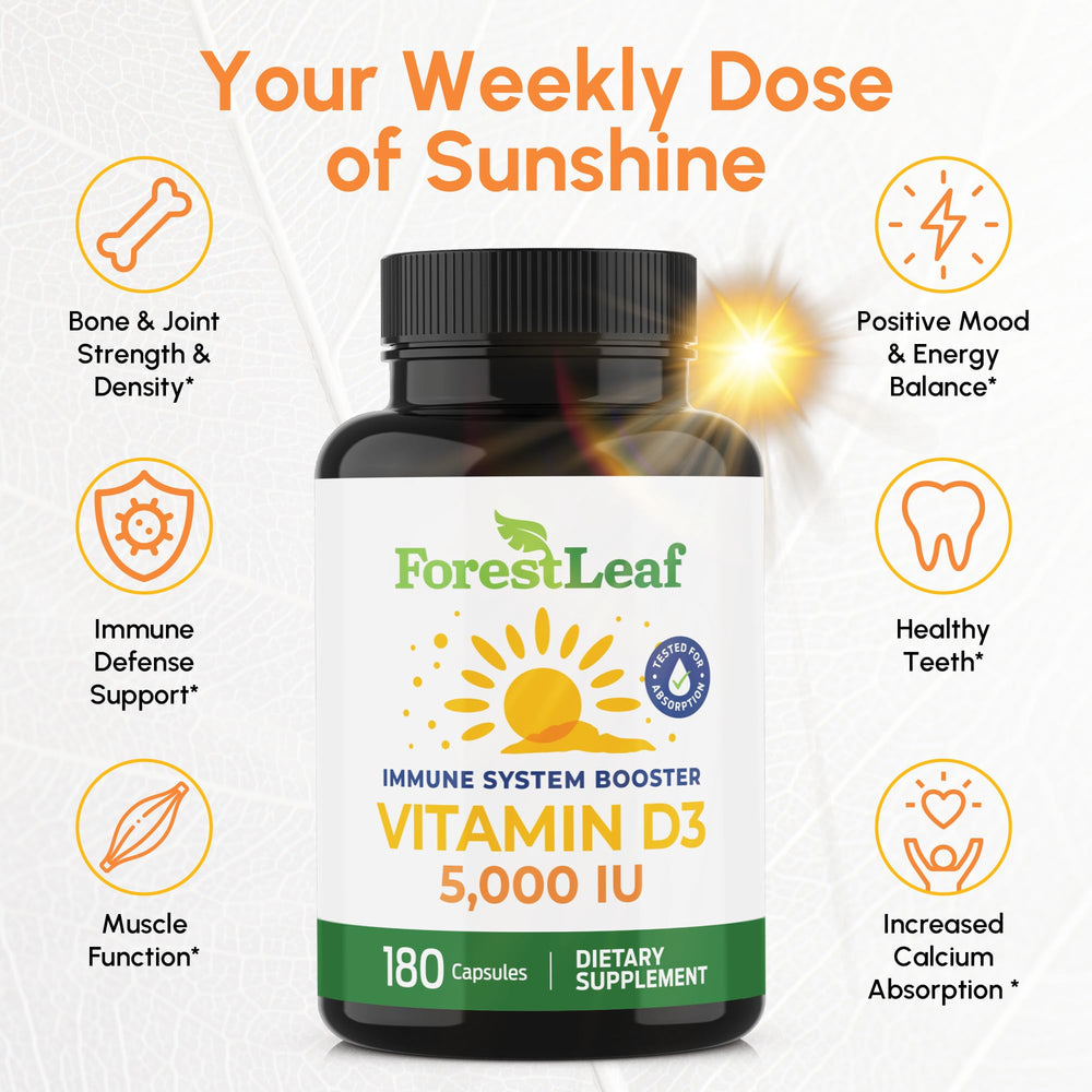 Close-up of ForestLeaf Vitamin D3 5000 IU bottle