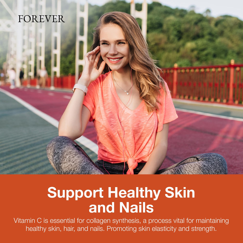 Graphic showing skin, hair, and nails benefits from vitamin C in Forever Absorbent-C