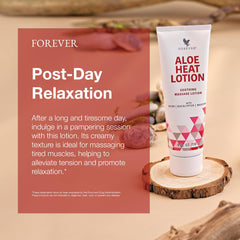 Close-up of Aloe Heat Lotion label highlighting vegan-friendly formula