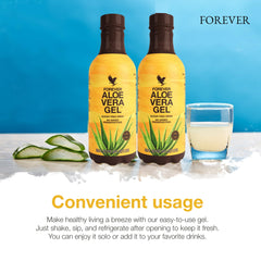 Daily-use Forever Aloe Vera Gel with drinks and routines