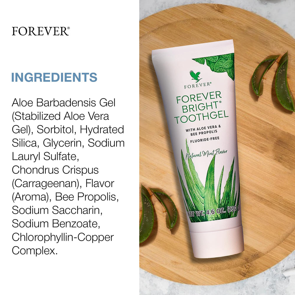 Close-up of fluoride-free Forever Bright Toothgel label